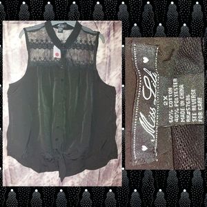 Miss Lili Black Sleeveless Woven Button Front Blouse w/Sheer & Crochet Top Sz 2X